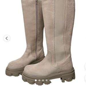 Steve Madden Women's Esma Lug Sole Sand Suede Tall Knee High Boot in 7 1/2